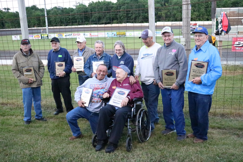 Living Hall of Fame Inductees, Greg Pfeifer (kneeling), Dave Noble (in chair), Standing Left to right, John Van Willigen, Mert Williams, Dave Bjorge, LeRoy Scharkey, (next 2 Nobles attendees), Verlin Eaker, Gerhrad Wollenburg